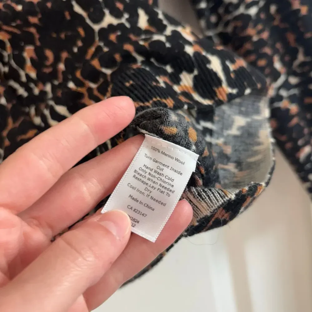 Talbots Leopard Print Cardigan Sweater L 100% Merino Wool Button Front